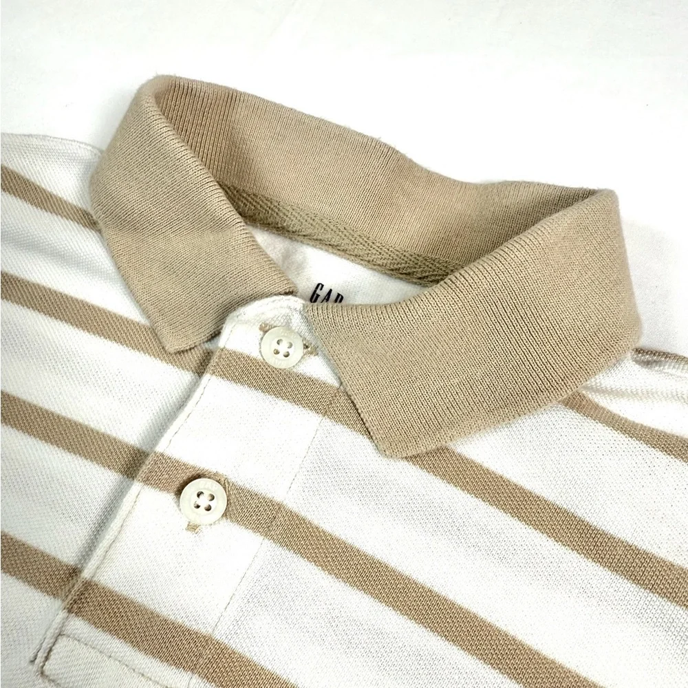 GAP KIDS Boys Striped Polo Shirt Size M 8-9 Khaki Cream Short Sleeve Classic‎